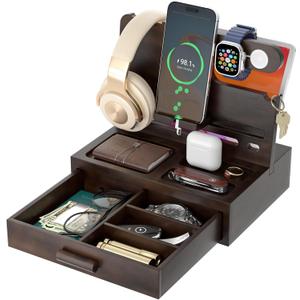 Phone Docking Station for Men: Desk or Nightstand Organizer with Drawer, Birthday Gifts for Husband, Dad, Boyfriend,Him, Wooden Charging Station for Phone Watch Key Holder Wallet (Reddish Brown)