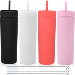 Volhoply 20oz Plastic Skinny Tumblers Bulk 4 Pack,Double Wall Tumbler with Lid and Straw,Reusable Travel Iced Coffee Mug,BPA Free Matte Acrylic Water Cups With Straw for Party,DIY Gifts(Mix, 4 Set) (Assort color)