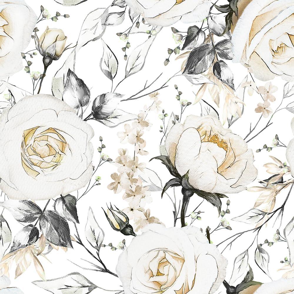 Vintage Pale White/Yellow Floral Peony Flowers Rose Grey Leaf Peel and Stick Wallpaper Easy Peel Off Contact Paper Stick on Adhesive Wall Paper for Bathroom Waterproof Renter Friendly