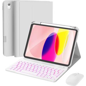 RAYMCRAFT for iPad 11th (A16, 2025) / 10th Generation Case with Keyboard, Mouse and Detachable Wireless Keyboard, 7-Color Backlight, Slim Case with Pencil Holder, White