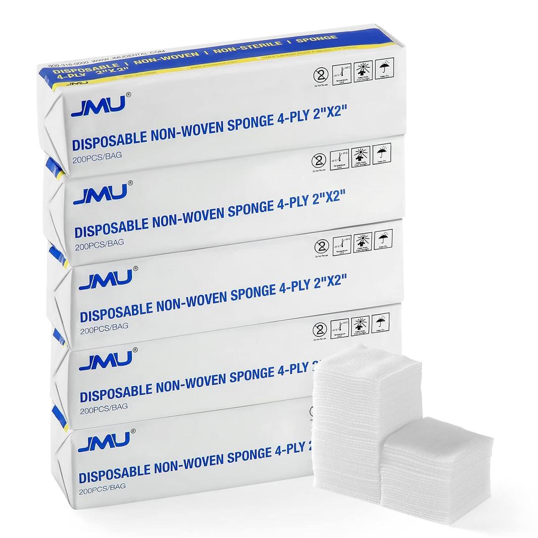 JMU 1000 Gauze Pads 2x2, Sponge Non-Woven 4-Ply Non-Sterile Dental Pads All Purpose Gauze
