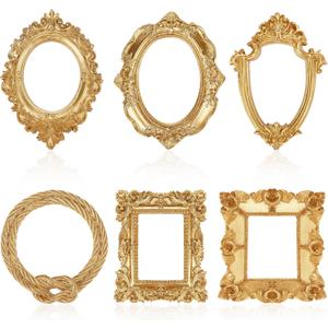 Set of 6 Vintage Resin Picture Frame, Gold Antique Photo Frame Mini Picture Frame, Oval Rectangle Wall Hanging Photo Frame for Home Wall Jewelry Display Hotel Decor Party