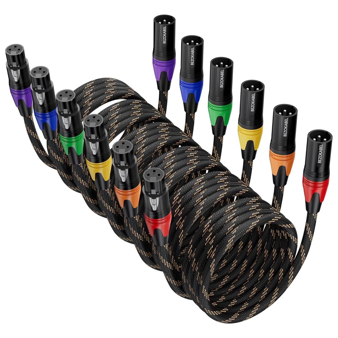 BEZOKABLE 50ft 6 Pack Nylon Braided XLR Cable - Male to Female, Compatible with Microphones, Mixers, Speakers and More