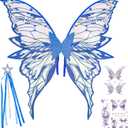 Fairy Wings Costume Set for Adults - Cosplay Accessories with 31.5"x29.5" Butterfly Wings for Halloween, Party (Blue)