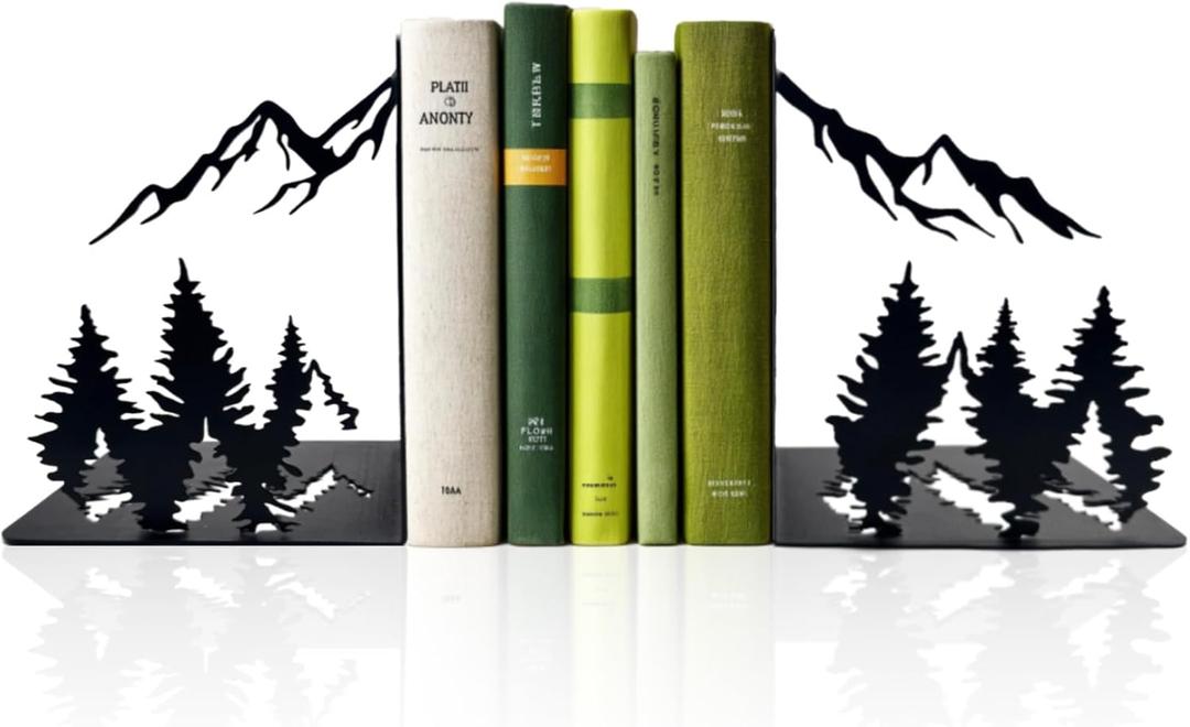 Matte Black Iron Heavy Duty Bookends - Laser-Engraved Mountain Design, Decorative Shelf Stoppers for Books, Space-Saving Desk Organizer (Modern, Rustic, Vintage Style)