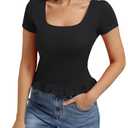 Belle Poque 2026 Summer Cute Tops for Women Black Short Sleeve Crop Tops Square Neck Ruffle Hem T Shirts S (Black, S)