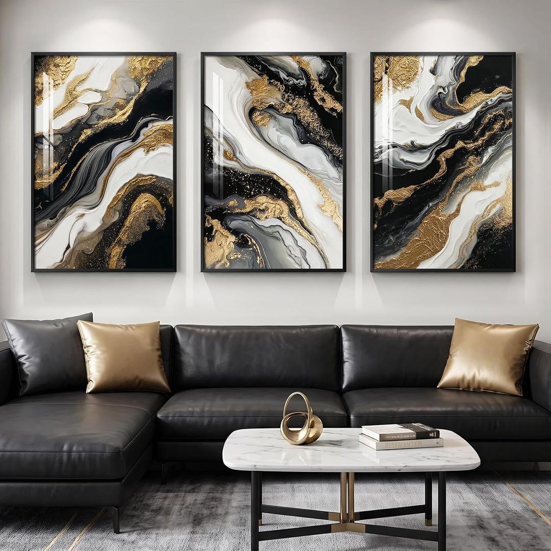 Large Framed Black Gold White Abstract Wall Art for Living Room, Each 24x36, 24" W x 36" H x 3Pcs