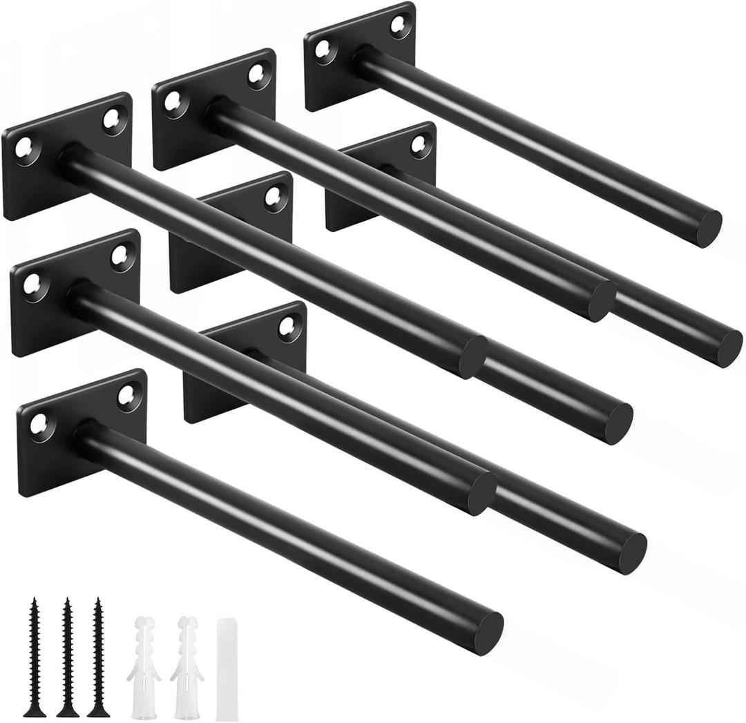 8 Pcs 6" Black Solid Steel Floating Shelf Bracket Blind Shelf Supports - Hidden Brackets for Floating Wood Shelves - Concealed Blind Shelf Support  Screws and Wall Plugs Included