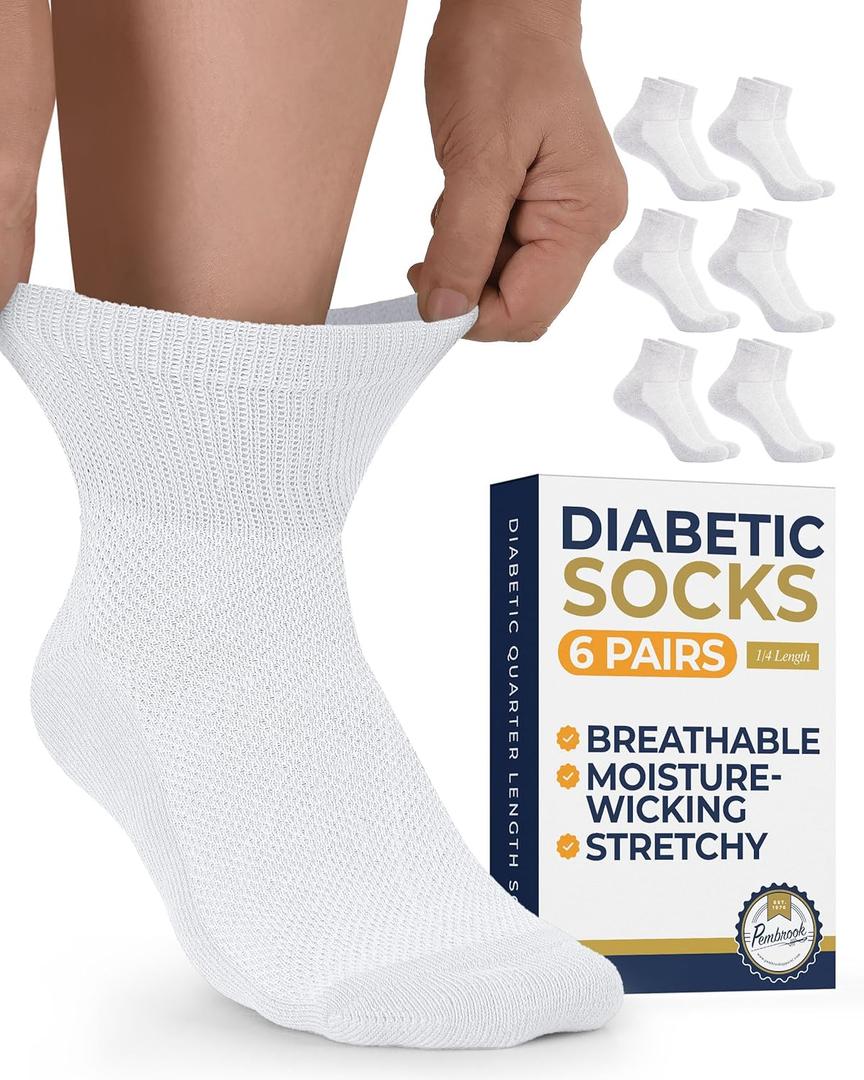 Pembrook Ankle Diabetic Socks for Women & Men | 6 Pairs | Wide Non Binding Socks Quarter Length | Edema Neuropathy Socks (Large)