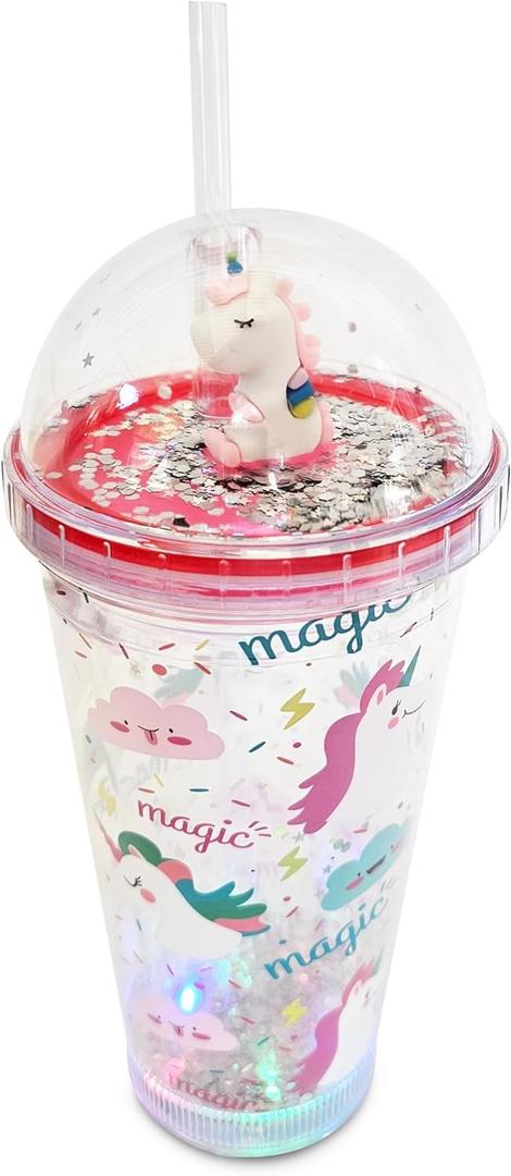 Glow Party Cups for Kids Light Up Tumbler Magic Cup with LED Glow in the Dark Water Drinking Bottle 16oz with Lid and Straw (Pink Unicorn)