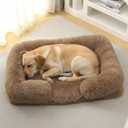 Orthopedic Dog Bed for Medium Dogs - Washable Memory Foam Pet Sofa, Fluffy Plush Rectangular Bed, Waterproof Anti-Anxiety Couch, Khaki, M