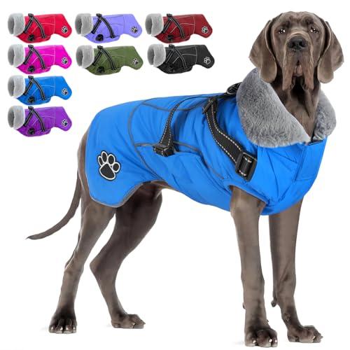 Doglay Dog Coat with Harness, Reflective Warm Dog Jacket Waterproof Puppy Winter Coat for Cold Weather, Adjustable Fleece Jacket for Small Medium Large Dogs, 3XL