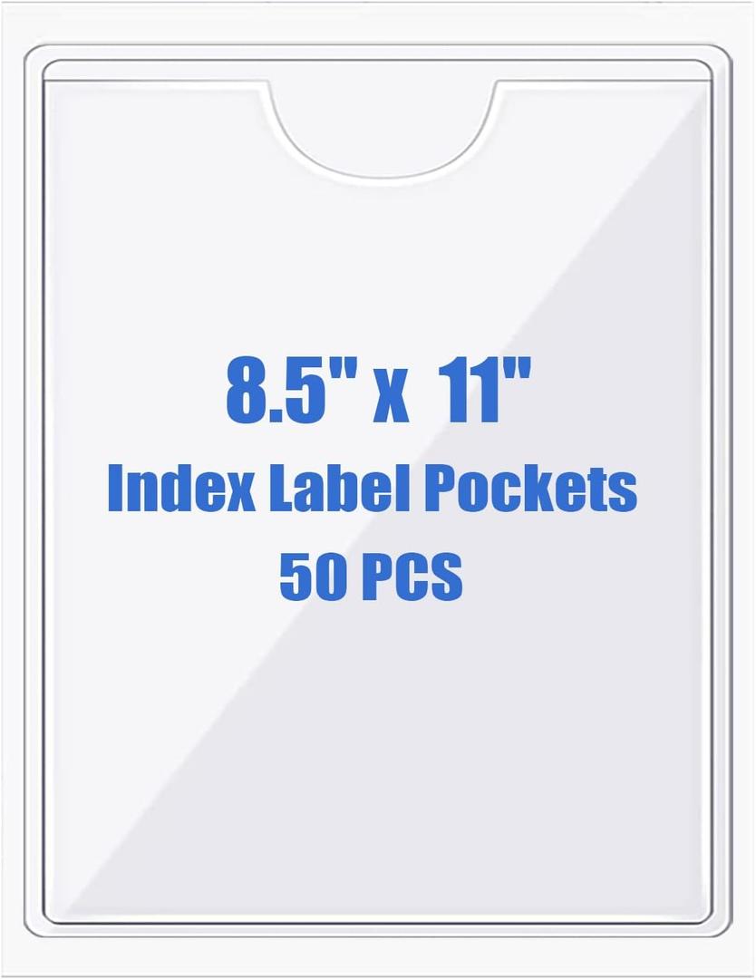 Origin-Joy Pack of 50 Self-Adhesive Index Label Pockets, Clear Plastic Peel & Stick Card Holders with Top Open for Loading (8.5 x 11 inch)