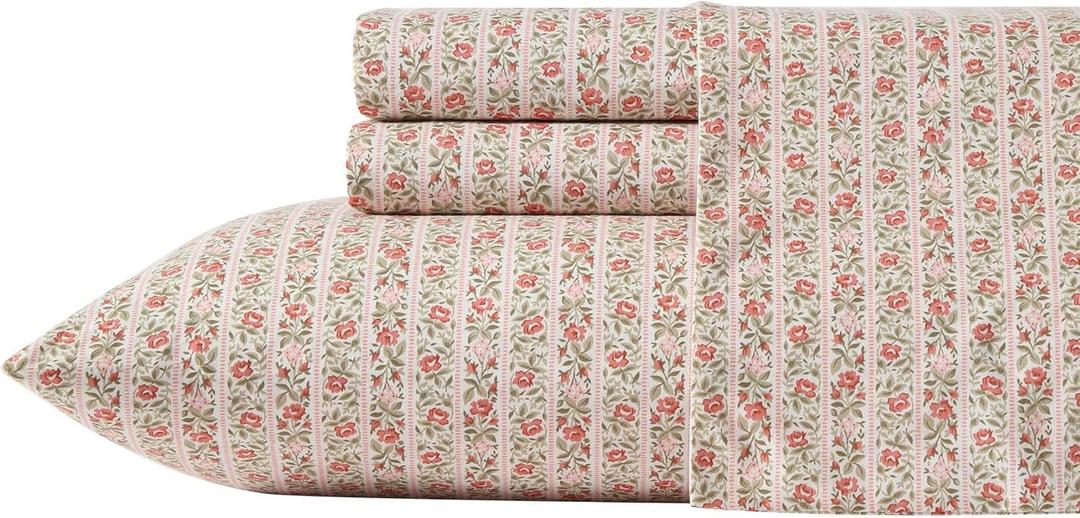 Laura Ashley - King Sheets, Cotton Percale Bedding Set, Lightweight & Breathable Home Decor, Oeko-Tex Certified (Marta Stripe Pink, King) (King, Marta Stripe Pink)