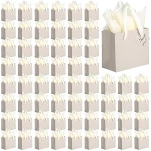 Qilery 50 Pcs Wedding Paper Gift Bags Bulk with Tissue Paper Small Gift Bags with Handle and Tags for Birthday Wedding Mothers' Day Party Business(Champagne,4.7 x 2.4 x 3.9'')