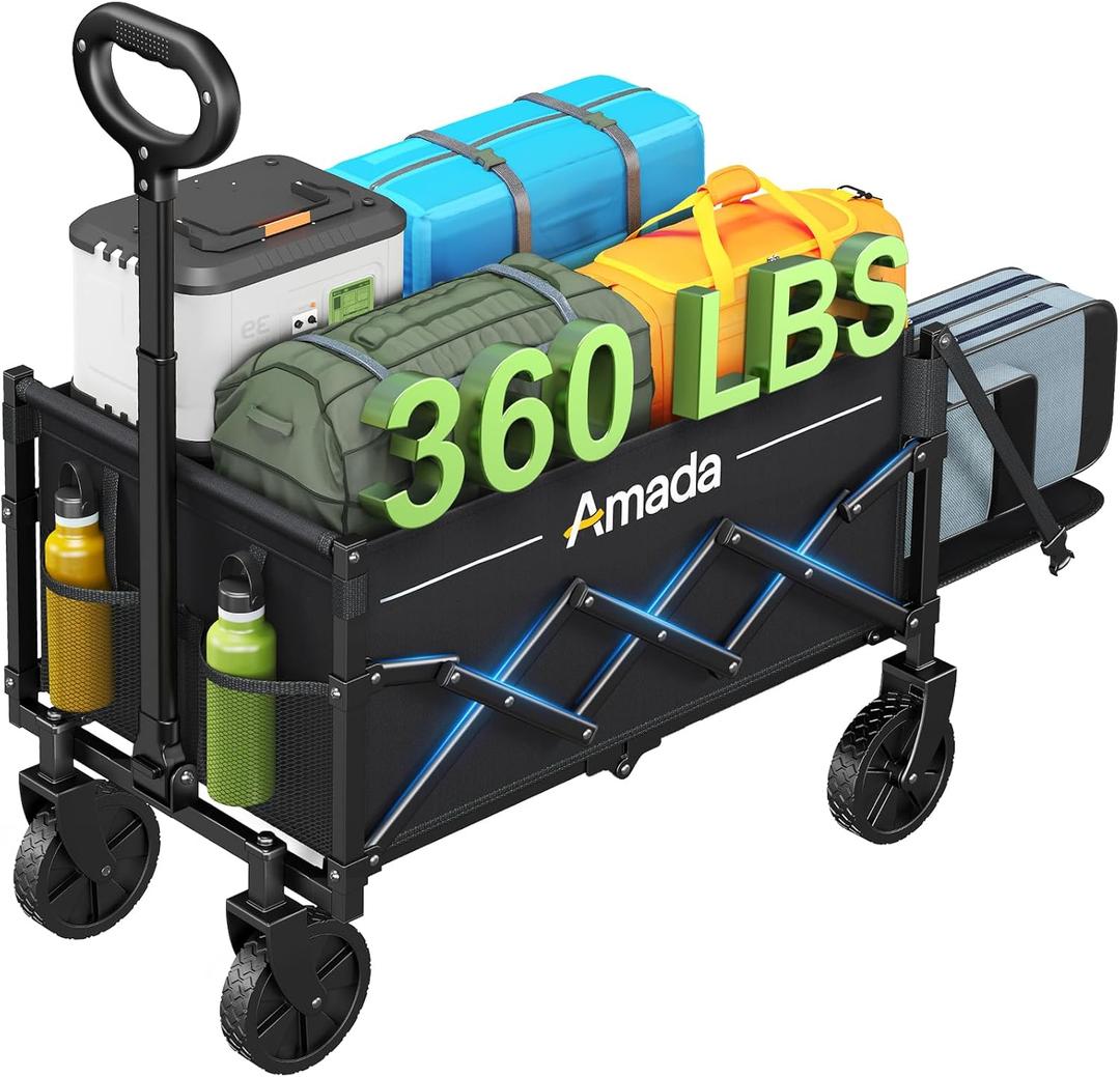 Small Wagon Cart Foldable, Collapsible Wagon with 360 LBS Max Load & Expandable Storage, 90L Foldable Grocery Cart with 2 Cup Holders for Outdoor, Garden, Camping &Groceries-Black