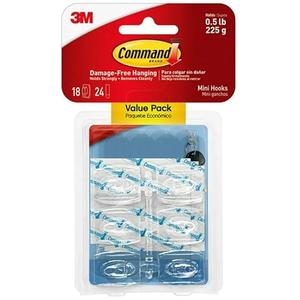 Clear Hooks & Strips, Plastic, Mini, 18 Hooks & 24 Strips/Pack, Sold as 1 Package18