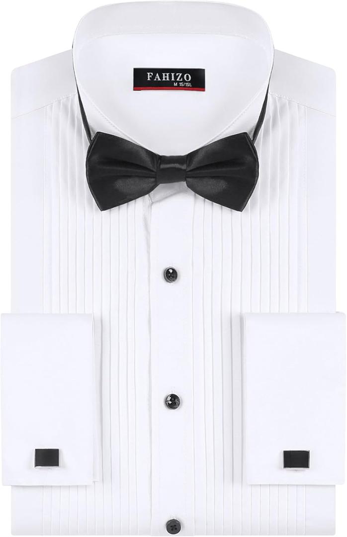 FAHIZO Men's White Tuxedo Shirt with Wing Collar, French Cuffs & Accessories (Medium)