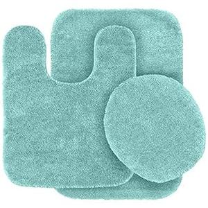 Fancy Linen 3pc Solid Non-Slip Bath Mat Set Bathroom U-Shaped Contour Rug, Mat and Toilet Lid Cover (Aqua)