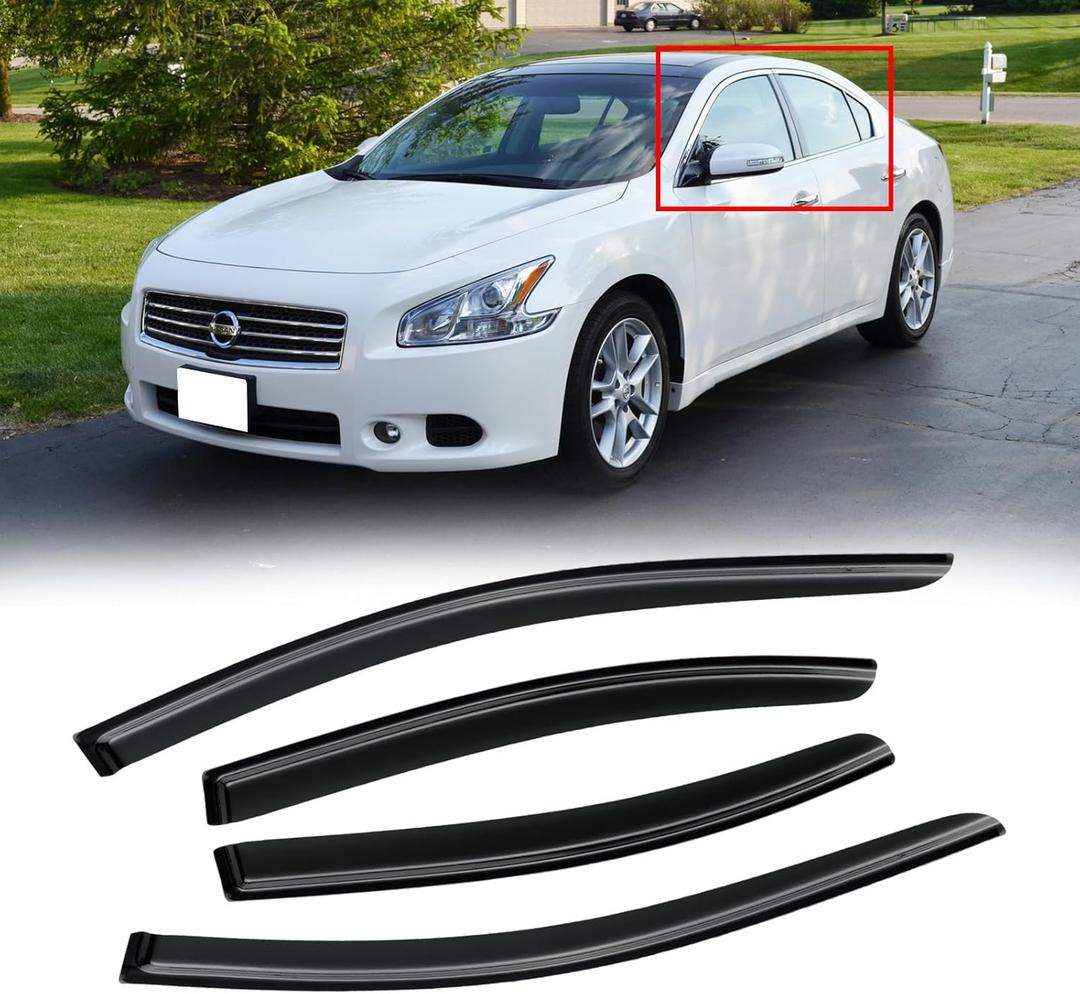 Window Visor for 2009-2015 Nissan Maxima, Out-Channel Rain Guards Shields Vent Deflector Shade Wind Dark Smoke 2010 2011 2012 2013 2014, Tape-On Outside-Mount, 4PCS