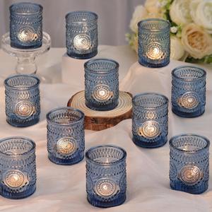 Blue Votive Candle Holders Set of 36- Glass Candle Holders Bulk for Tea Light Candle, Embossed Candle Votives for Wedding Centerpiece, Living Room & Home Table Decor