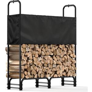 4ft Firewood Rack Outdoor with CoverHeavy Duty Wood Storage Rack with Waterproof Adjustable Cover for Fireplace, Patio, Deck, Indoor/Outdoor Log Holder for 1/4 Cord of Firewood, Black