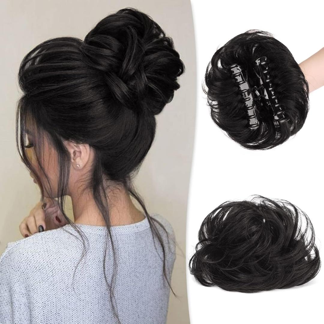 RUWISS Claw Clip Messy Bun Hair Piece Real Human Hair Buns Wavy Curly Chignon Hair Bun Extensions Tousled Updo Claw Clip Ponytail Hairpieces for WomenNatural Black (40g)