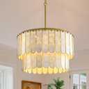 6-Light Capiz Shell Chandelier, 21" Brushed Gold Coastal Dining Room Light Fixture, 2-Tier Seashell Luxury Round Pendant Light for Living Room Bathroom Bedroom Hallway Kitchen Island