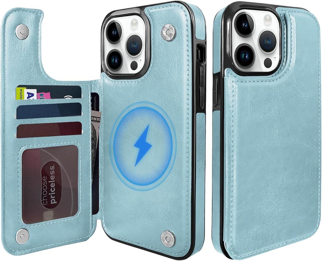 TopPerfekt for iPhone 14Pro Max Magnetic Flip Wallet Case 6.7", Compatible with MagSafe, Leather Card Holder Kickstand for iPhone 14 Pro Max (Sky Blue, iPhone 14 Pro Max)