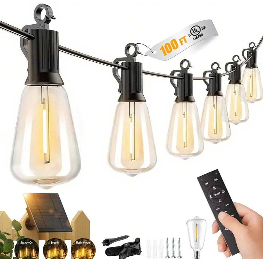 Brightown 100FT Solar String Lights Outdoor Waterproof with Remote, 31+1 LED Shatterproof Bulbs, Dimmable & Timable, 3 Light Modes - Commercial Grade Patio Lights for Garden Backyard Party Decor