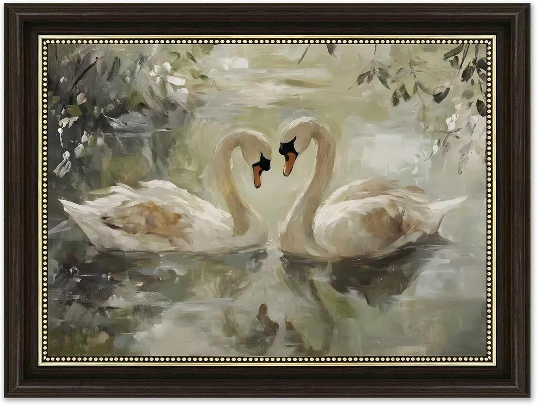 Dark Brown Framed Wall Art, Vintage Romantic Swan Painting Picture Wall Decor, A Pair Elegant White Swan Painting Picture Artwork for Bedroom, Living Room, Bathroom Office, Home Decoration 9x11inch