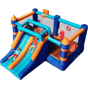 AirMyFun Inflatable Bounce House, Bouncy House with Double Slide,Jumping Bouncing House, Bounce Castle for Kids Indoor Outdoor, Playhouse with Basketball Rim, Pitching Game