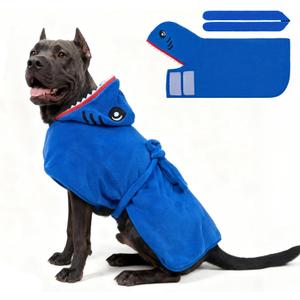 SCENEREAL Dog Bathrobe Fast Drying Towel Microfiber Dog Towel Robe with Hook and Loop Closure & Wrap Tie Snuggle, Super Absorbent Pet Cat Dog Bath Robe Drying Coat, Shark Hood 2XL