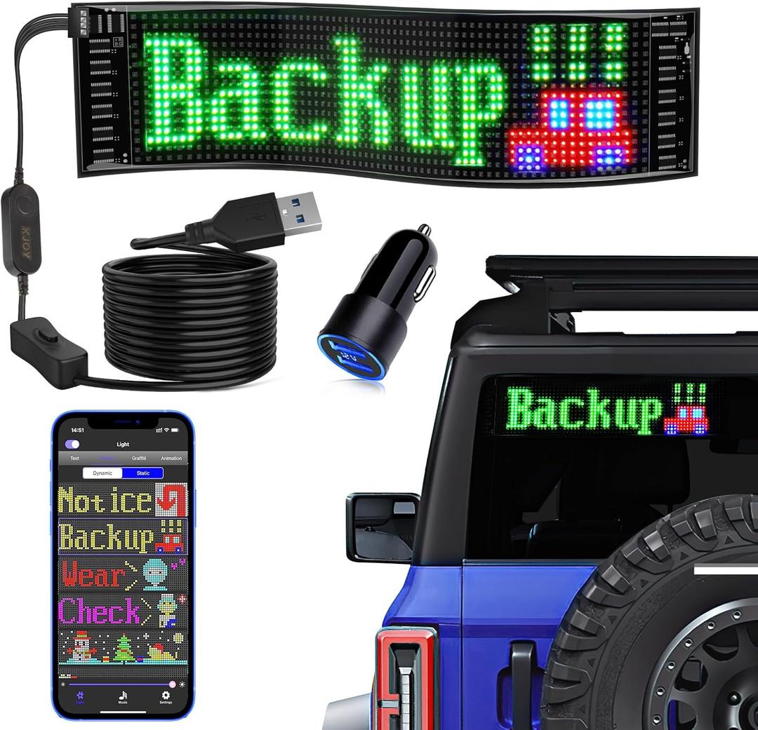 KJOY USB 5V LED Sign, Bluetooth, App Control, Flexible, Programmable Custom Text Pattern Animation Scrolling Display for Car, Store, Party, Bar, Hotel, Concert, 14.6''x3.6''