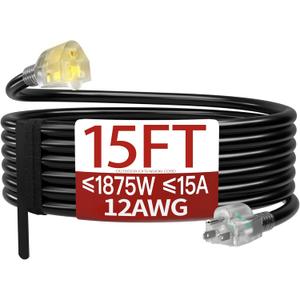 15 FT 12 Gauge Extension Cord Outdoor, Heavy Duty Weatherproof & Flame Retardant Black 3 Prong Power Cord with Light, Outside for Lawn & Garden, 15 Amps 1875 Watts 125 VAC 12AWG SJTW, ETL Listed
