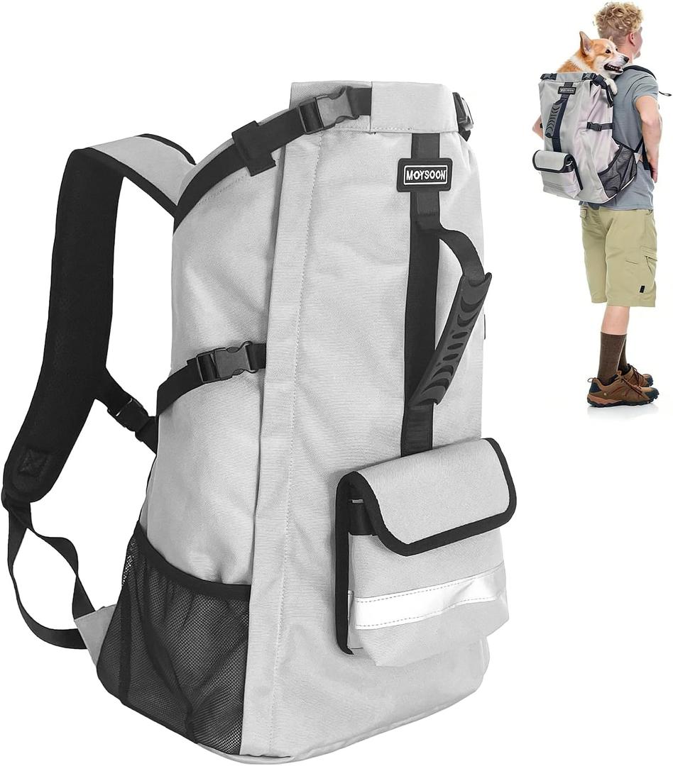 Dog Backpack Carrier for Medium Dogs - 4-Layer Protection, Under 30 lb, Waterproof, Adjustable Dog Hiking Backpack with Storage Pockets, Reflective Strips, Non-Slip Handle for Travel - Grey, M
