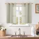LAMIT Short Linen Curtains 40 Inch Length, Sage Grey Small Window Semi Sheer Drapes Light Filtering Bronze Grommet Neutral Panels for Cafe/Basement, 2 Panels Set, 34 x 40 Inch