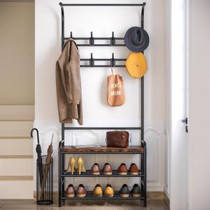 GAOMON Hall Tree Shoe Bench for Entryway, Coat Rack Storage Bench, 4-in-1 Coat Tree with Storage Shelf and 8 Hooks for Small Spaces, Entryway, Bedroom, Rustic Brown