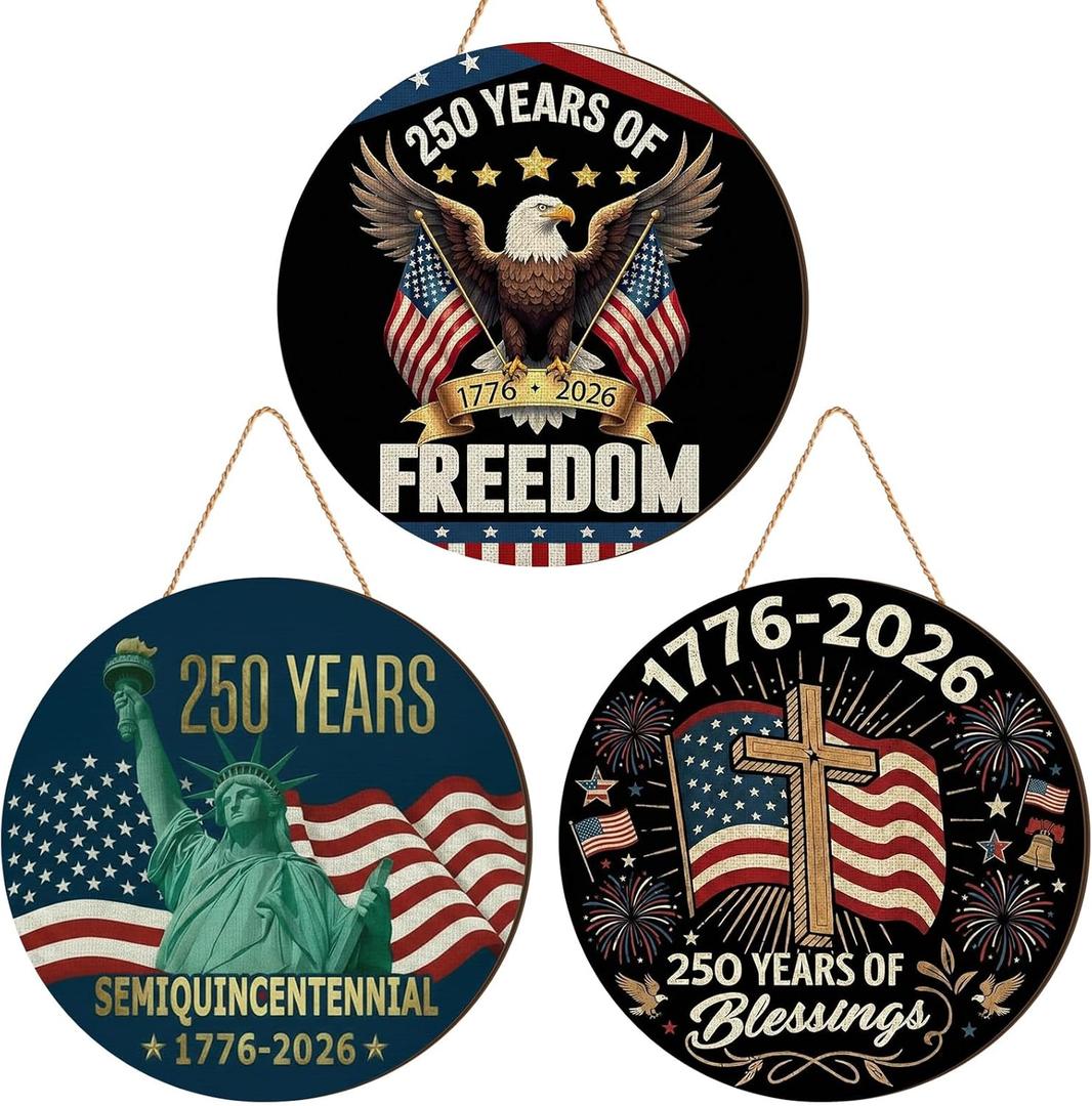 3 Pcs 250th Anniversary 4th of July Decoration Door Wreath for Front Door Sign Patriotic Eagle America Flag Welcome Wooden Hanging Sign 1776-2026,Independence Day Memorial Day Hanging Home