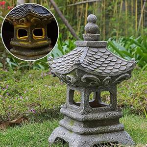 Asian Solar Zen Pagoda Garden Statue 14 Inch, Outdoor Japanese Lamp Lantern for Home Garden Landscape Dcor (14 inch Pagoda)