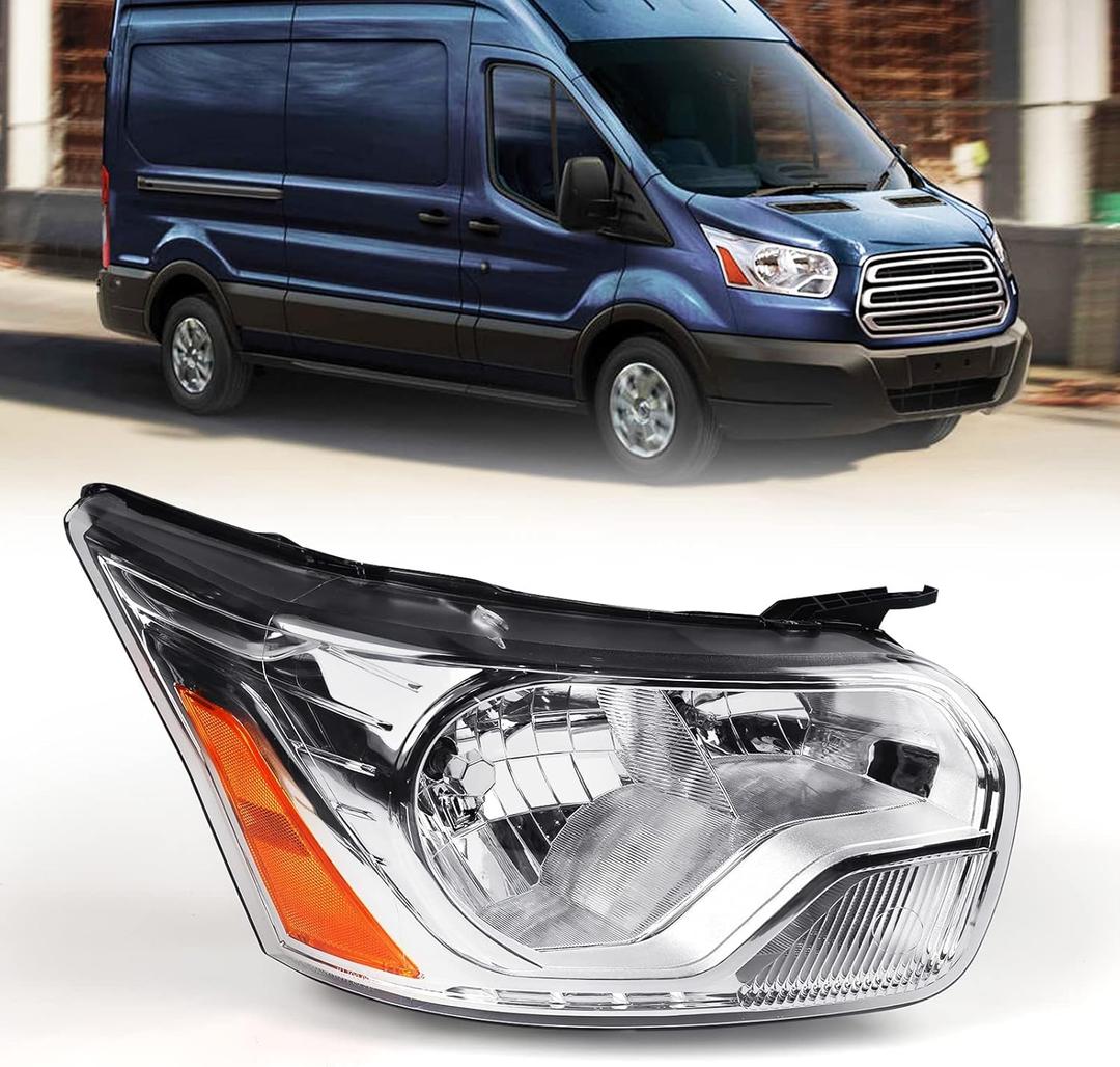FIONE headlight assembly compatible with 2015-2020 Ford Transit 150 250 350 Head Lamp Chrome Housing Right Passenger Side RH