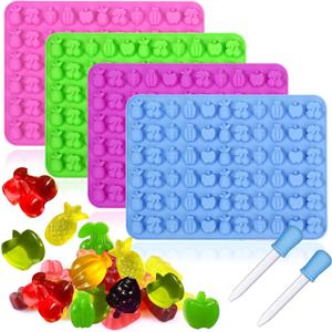 Palksky 4PCS Fruit Snack Molds Silicone, Gummy Molds Trays with Dropper for Candy Chocolate Gummies Baking(Cherries Grape Banana Apple Pineapple)