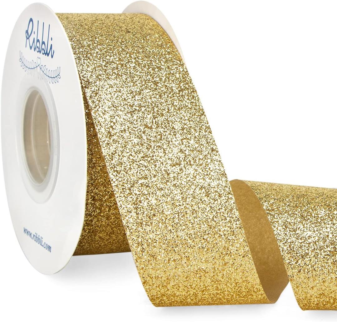 Ribbli Gold Glitter Ribbon,Gift Wrapping Gold Cut Edge Christmas Ribbon for Crafts, Chritmas Tree Decoration,Ornaments Decoration,Home Decor, 1-1/2 Inch x 25 Yards