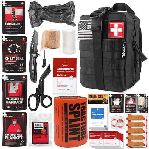 Survival First Aid Kit with Israeli Bandage, Splint, Chest Seal, Tactical Military Combat Molle IFAK for Wound Care, Bleeding Control, Trauma Hemorrhage and More (Black)
