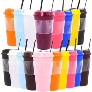 Suertestarry 16 oz Plastic Iced Coffee Cups with Lids 18 Pack Plastic Tumblers Cups with Straw and Sleeve Reusable Travel Hot Mugs for Hot & Cold Drinks, Office, Gatherings, Party (18, Mixing)