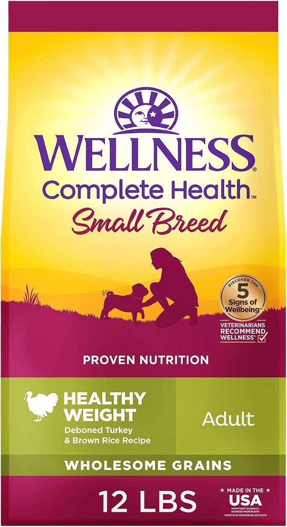 Wellness Complete Health Healthy Weight Small Breed Adult Dry Dog Food, Wholesome Grain Kibble, Natural, Turkey and Brown Rice Recipe, 12 lb Bag (EXP 09/25/27)