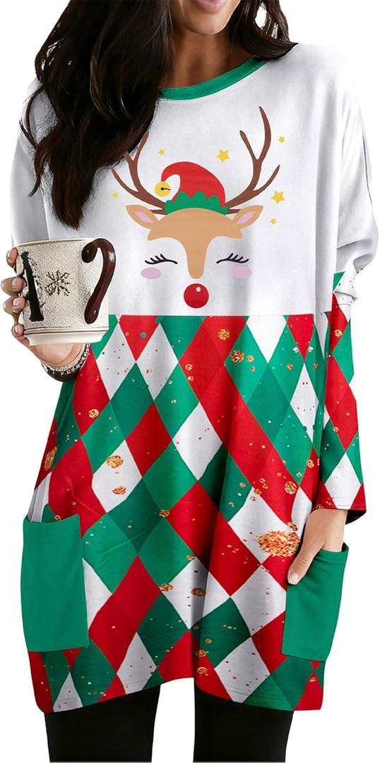 MOUSYA Women Dress Shirt Christmas Long Sleeve Tops Santa Printed Pullover Loose Plus Size T-Shirt Blouse with Pockets (XL)