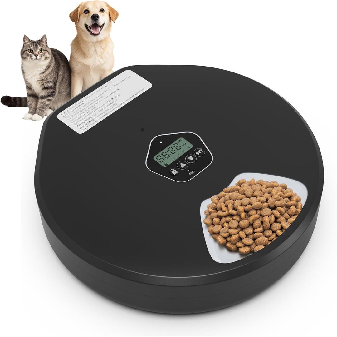 Automatic Pet Feeder for Wet & Dry Food, 5-Meal Timer Dispenser with 2 Ice Packs, Programmable Smart Feeder for Cats/Dogs  Keep Food Fresh Longer (Pet Feeder with 2 Ice Cube Tray)