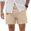 JMIERR Mens Linen Shorts Casual 5"/ 7" Cotton Elastic Waist Drawstring Lightweight Summer Vacation Beach Shorts with Pockets (Large)