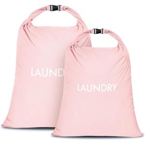 2 Pack Travel Laundry Bag, Nylon Washing Bags for Laundry, Roll Top Wet Dry Bag for Swimming Yoga Bathing Suit Workout, Dirty Clothes Storage Organiser (Pink)